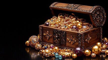 Ornate wooden chest overflowing with gold jewelry, precious stones, and beads. Rich textures and deep colors