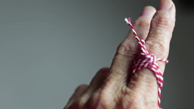 Elderly Hand with Red and White Thread Tied Around Finger Reminder Tradition Memory Close Up Against Gray Background