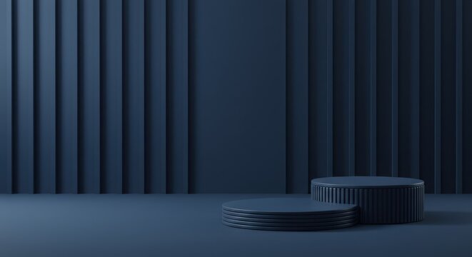 A minimalist podium with two dark blue cylinder stages against a modern, textured wall - Powered by Adobe