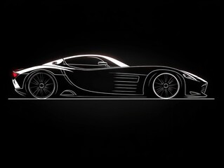 Fototapeta premium Side view illustration of a sleek modern sports car with glowing white outline on a black background conveying speed and elegance