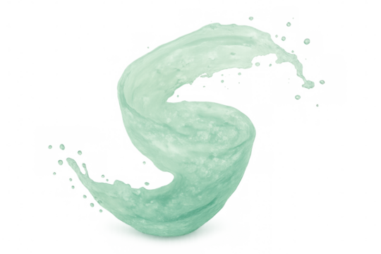Green liquid curving, swirling dynamically in smooth s-shaped motion, splashing against transparent backdrop with fluid elegant movement