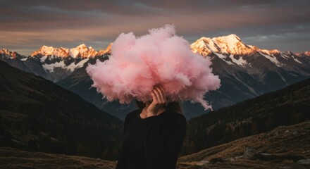 A surreal image of a person with a vibrant pink smoke cloud head, framed by majestic mountains glowing at sunset. Captures imagination, identity, and freedom.