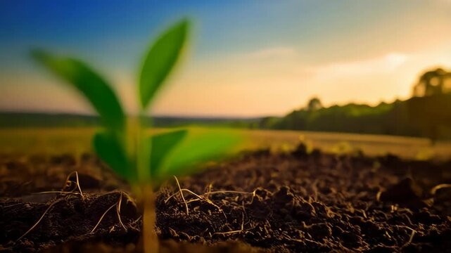 Seedling growing in fertile soil as a symbol of new life and hope, backlight by the sun, concept of environmental protection and nature conservation