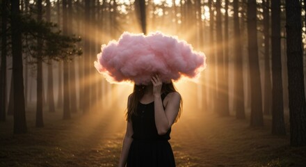 Person with pink cloud covering head in mystical, misty forest at sunset. Golden light shafts filter through trees, creating a dreamy, atmospheric scene. Symbolizing imagination, thought, or anonymity