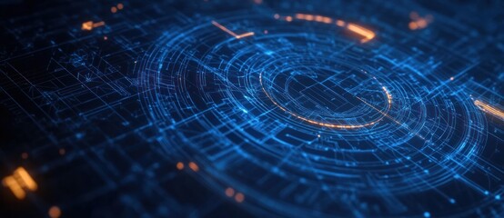 Obraz premium Futuristic digital interface with glowing blue and orange circular schematic patterns and abstract technological data visualization