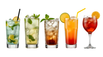 Cuba Libre, Long Island, Mojito, Paloma, Tequila Sunrise, Screwdriver cocktail transparent PNG set bundle, isolated background. Bar menu cocktails in highball glass, colorful refreshing drink garnish.