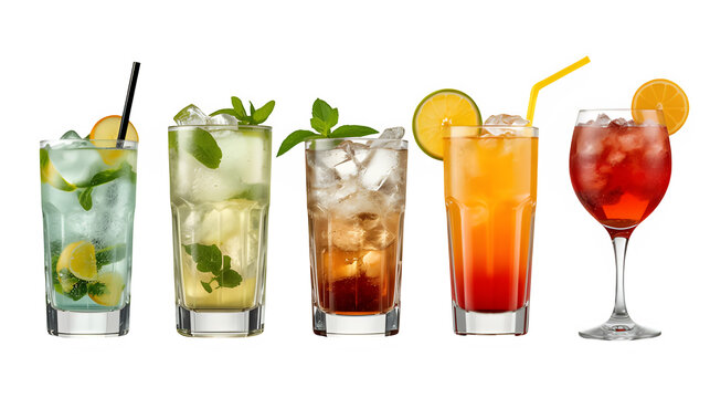 Cuba Libre, Long Island, Mojito, Paloma, Tequila Sunrise, Screwdriver cocktail transparent PNG set bundle, isolated background. Bar menu cocktails in highball glass, colorful refreshing drink garnish.