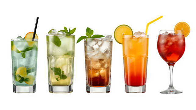 Cuba Libre, Long Island, Mojito, Paloma, Tequila Sunrise, Screwdriver cocktail transparent PNG set bundle, isolated background. Bar menu cocktails in highball glass, colorful refreshing drink garnish.