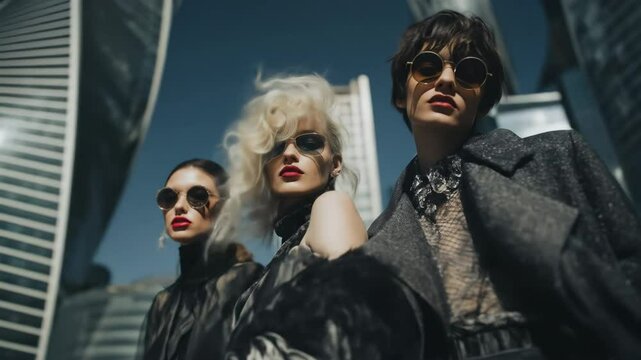 Fashionable women in stylish outfits pose in an urban setting