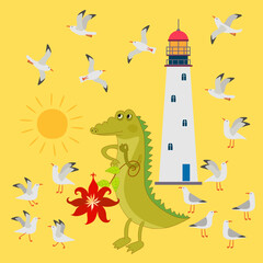 Funny square card with a crocodile and seagulls against the background of a sunlit lighthouse. Beautiful marine illustration. Print for a pillow, napkin.