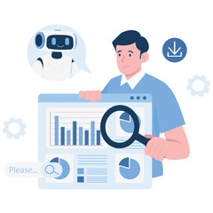Generate AI Activity Illustation. Vector illustration of Man analyzing visual data charts assisted by artificial intelligence. Isolated on background