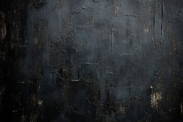 Abstract dark textured wall surface with uneven black and deep gray paint and rough patches creating a moody and somber atmosphere