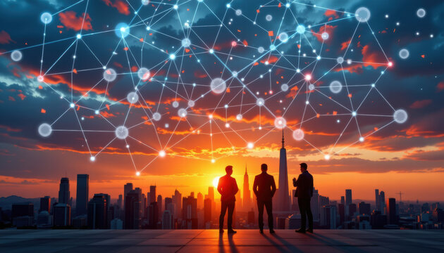 Image depicts sunset city skyline with silhouettes of three individuals standing together, surrounded by network of interconnected nodes and lines, symbolizing technology and connectivity