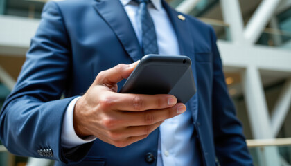 Businessman in suit holding smartphone, showcasing modern technology and professionalism in corporate environment. image conveys confidence and connectivity