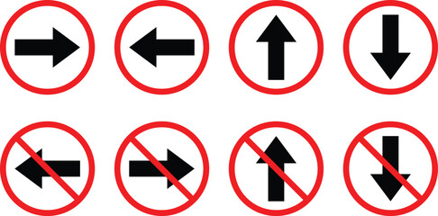 Set of directional road signs with forbidden and allowed turn or direction symbols.