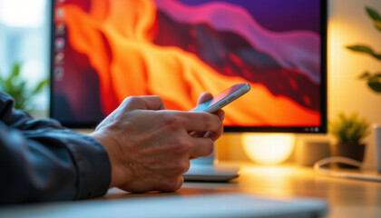 Person is using smartphone while sitting at desk with computer monitor in background. scene conveys modern workspace with focus on technology and productivity