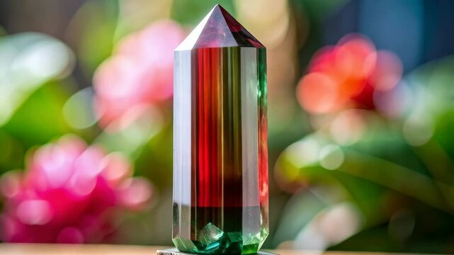 Polished watermelon tourmaline crystal obelisk specimen on a carved wood base with a pink and green floral backdrop