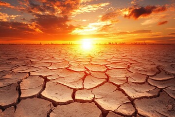 A dramatic sunset over a cracked arid landscape.