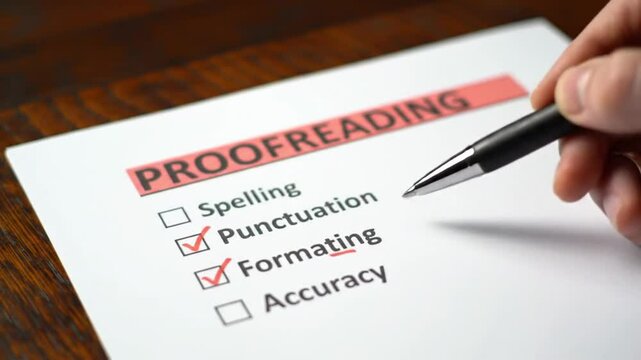 Proofreading Checklist Punctuation and Formatting Marked with Pen on White Paper Dark Brown Wooden Table