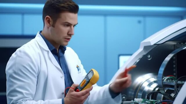 A young Caucasian man in a lab coat examines a device with a multimeter in a modern laboratory setting. The environment is high-tech and well-lit.