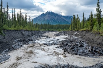 Turbid river flowing through a boreal forest valley.
