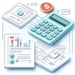 Digital illustration of financial documents, a calculator, charts, graphs, and a coin symbolizing monetary calculations and analysis with a clean modern design