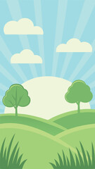 Obraz premium Simple cartoon landscape of trees clouds sun and rolling hills on a summer day