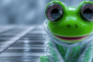 A digital illustration of a friendly frog wearing a light-colored hoodie
