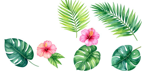 Green leaves and pink floral vector pattern with flowers