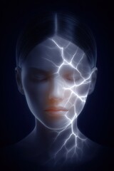A digital portrait of a person with lightning-like imagery across their face