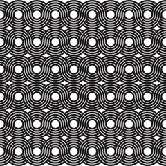 Black and white geometric circle linear background seamless pattern. Modern vector illustration for greeting card, cover, flyer, wallpaper. Abstract texture ornament design, repeating tile