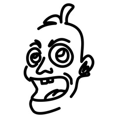 Cartoonish face with bulging eyes, open mouth, and a single hair strand
