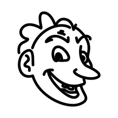 Cartoonish face with a wide grin and prominent nose, outlined in bold black lines.