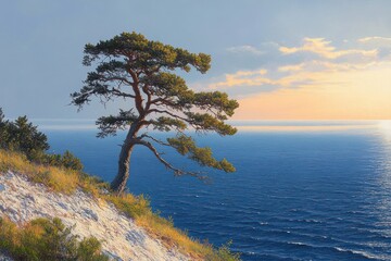 Obraz premium Solitary tree on a rocky hillside overlooking a calm blue sea under a soft sunset sky with scattered clouds