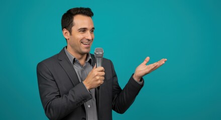 Business man public speaking with microphone against teal background