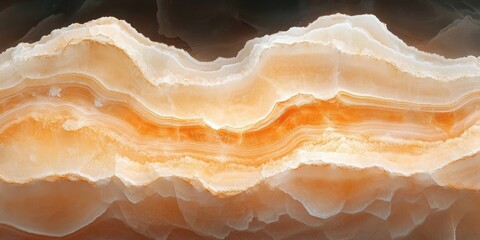 Close-up of a polished natural stone surface featuring layered bands of cream, white, and orange hues with translucent and crystalline textures