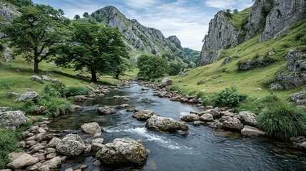 A tranquil mountain stream flowing through a verdant valley.