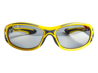 A pair of yellow framed sunglasses with mirrored lenses up.