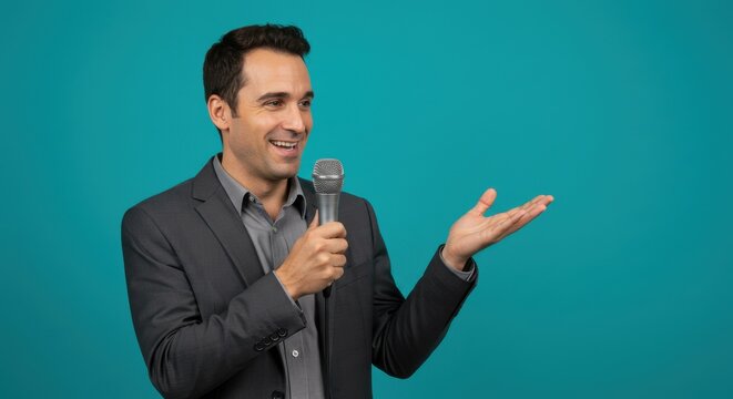 Business man public speaking with microphone against teal background