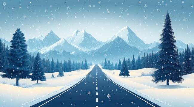 Snow-covered road leading through a winter landscape with tall pine trees and snow-capped mountains under a light snow falling sky