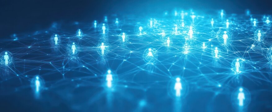 Glowing blue human icons connected by network lines representing digital communication and social connectivity in a virtual space