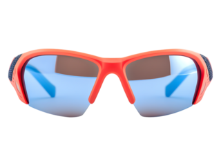 Close up of orange framed sunglasses with blue lens tint.