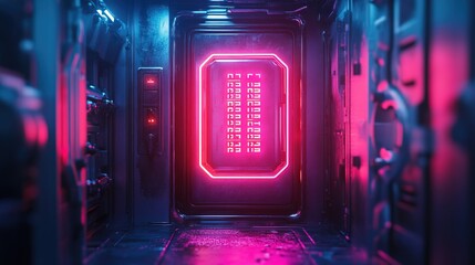 A tiny neon-locked vault door with glowing security codes