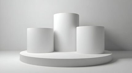 Minimalist White Cylindrical Podiums On A Round Platform Against White Background