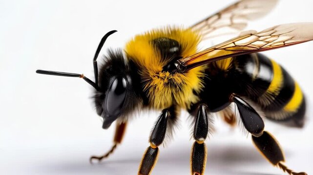 Close-up of a fuzzy bumblebee with yellow and black stripes, detailed wings, and antennae on a clean white background