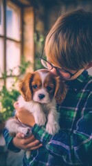 Boy holding puppy by window