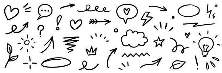 Line marker hand drawn brush arrow element set. Sketch pencil stroke vector graphic pen underline scribble icon. Hand drawn line heart, crown, star symbol highlight marker shape. Vector illustration