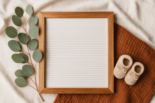Pregnancy Announcement. Blank Slate of New Beginnings: A minimalistic arrangement with a blank wooden frame surrounded by a sprig of eucalyptus and tiny baby shoes, suggesting a new arrival