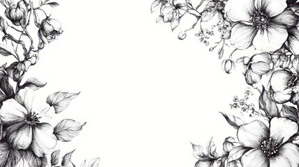 Elegant Monochrome Floral Border: A Hand-Drawn Pencil Sketch of Blooming Flowers