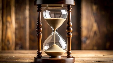 Elegant hourglass sits on a wooden surface, time passing concept, illustrating urgency and limited time, sand grains falling, timer tool. - Powered by Adobe